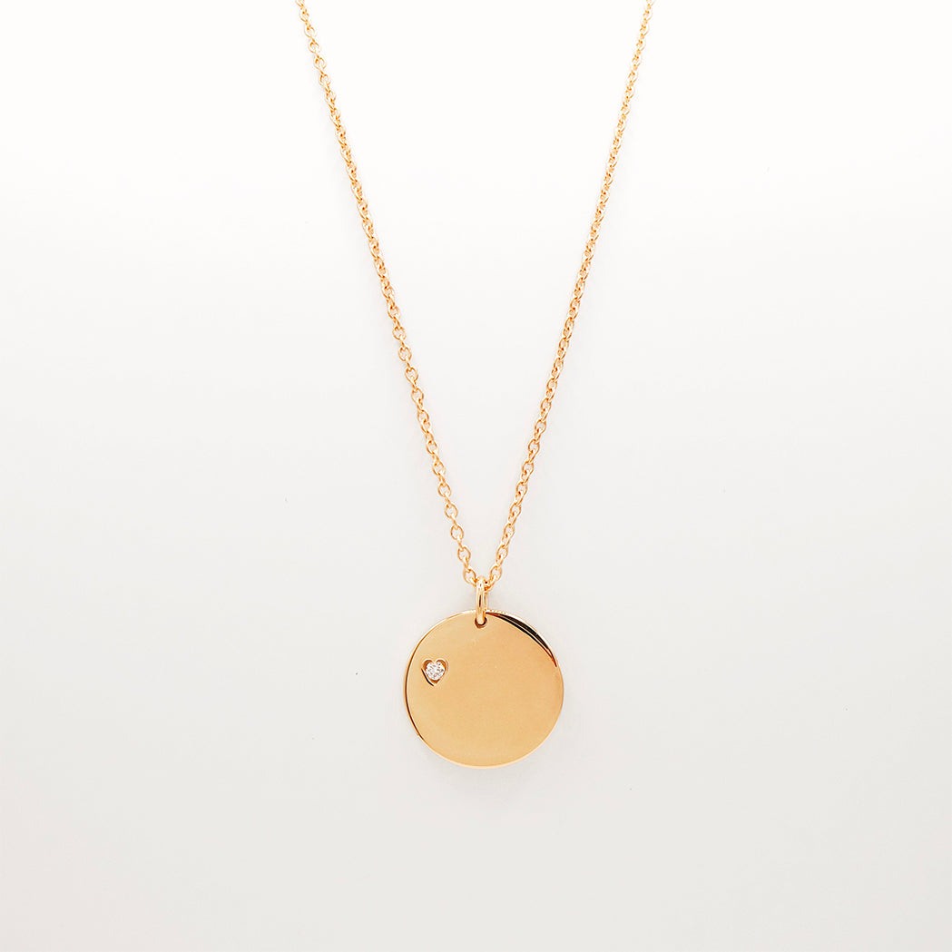Gold Engravable Medal Necklace - Heart with Diamond