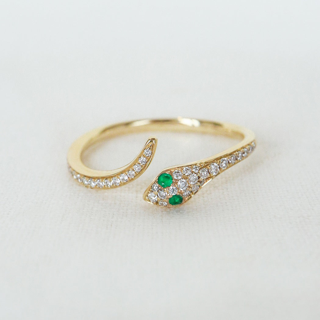 Bague Serpent Or, Diamants et Emeraudes