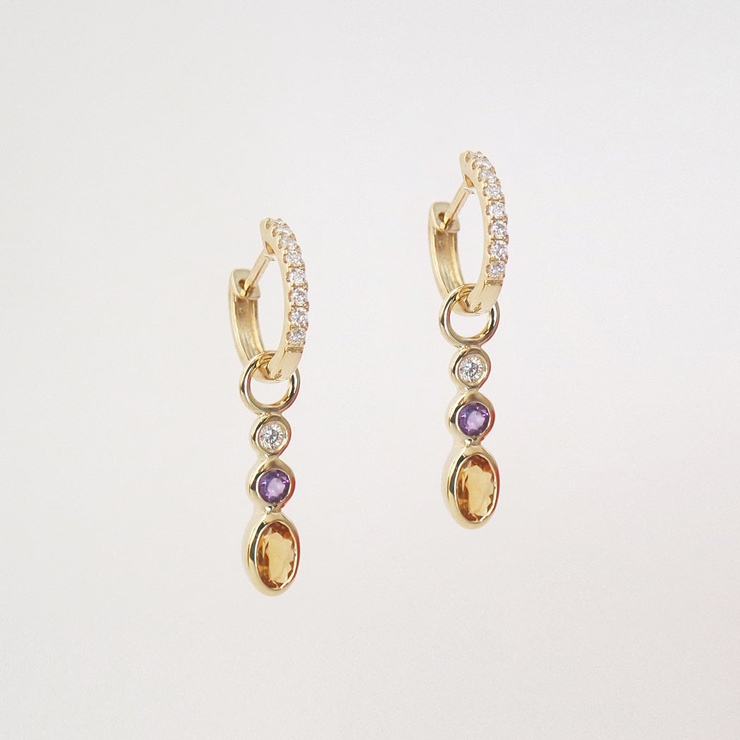 Boucles d'Oreilles Créoles Sunset - Or, Citrine, Améthyste et Diamant