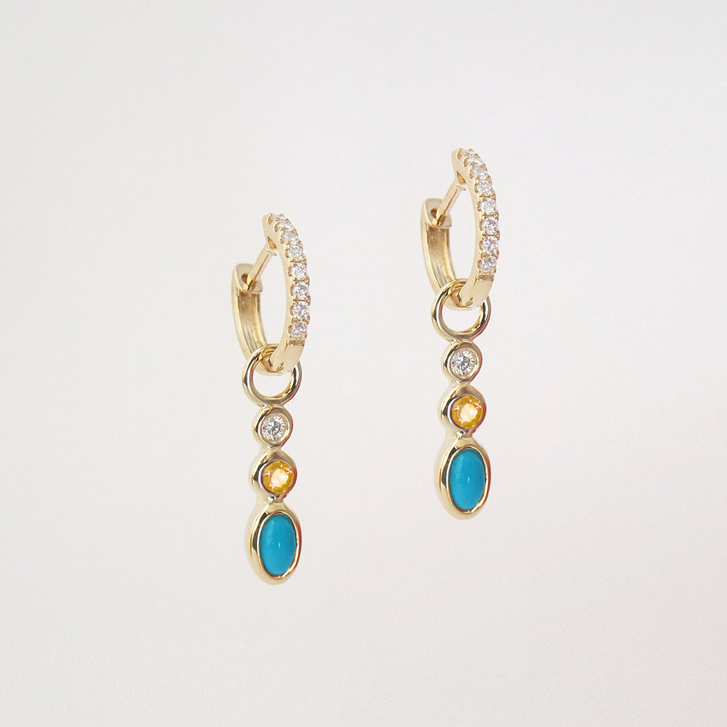 Boucles d'Oreilles Créoles Sunset - Or, Turquoise, Citrine et Diamant