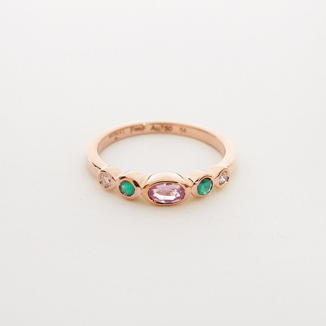 Bague Sunset - Or, Saphir Rose, Emeraude et Diamant