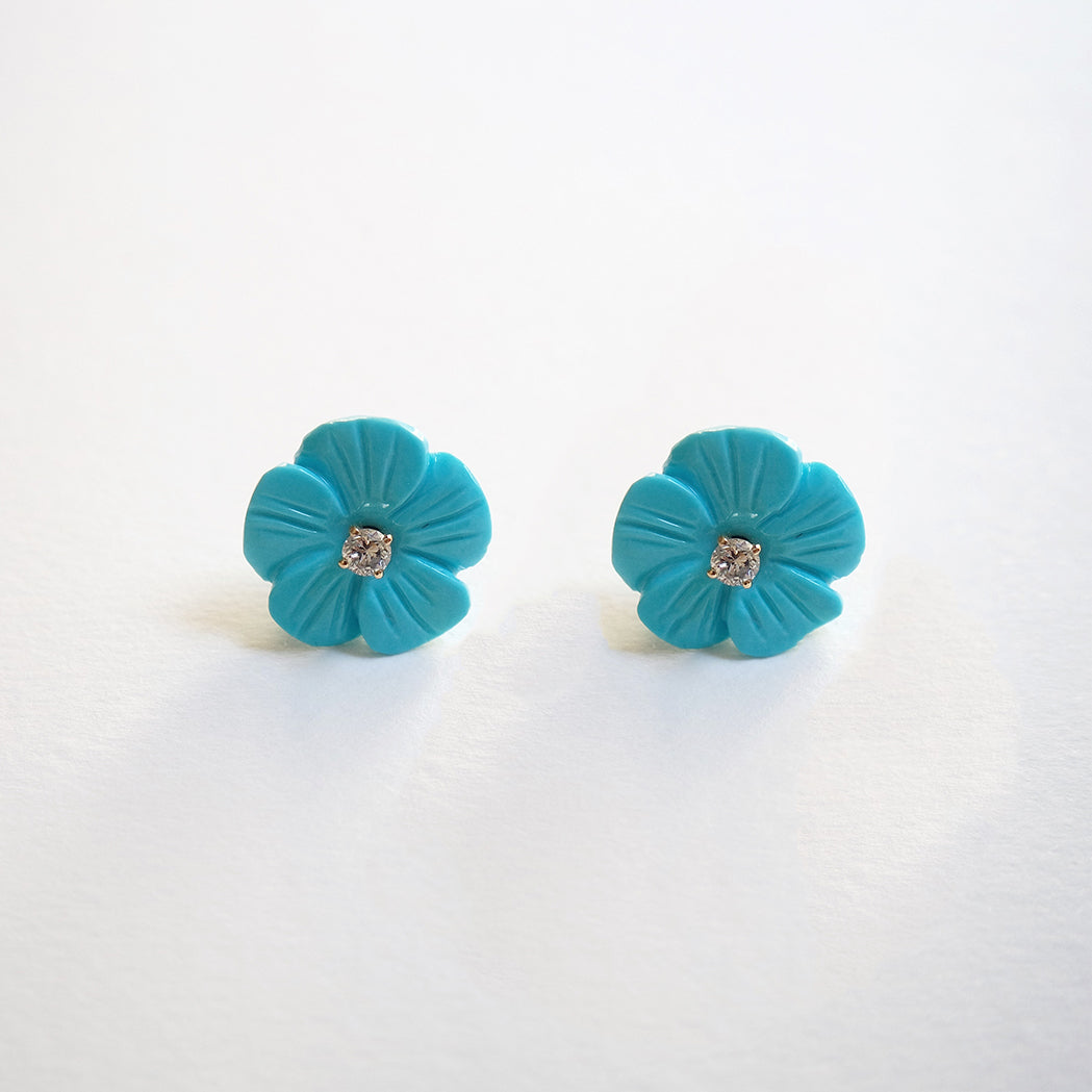 Boucles d'Oreilles Fleur Turquoise, Or & Diamant