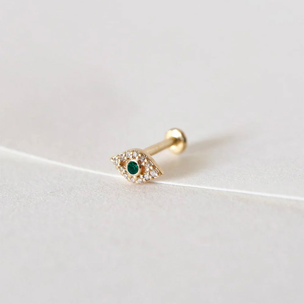 Eye Piercing Stud - Gold, Diamonds & Green Sapphire