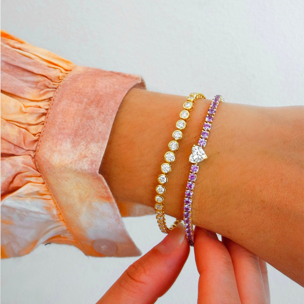 Tennis Heart Armband Gold, Diamant & Lavendel Saphire